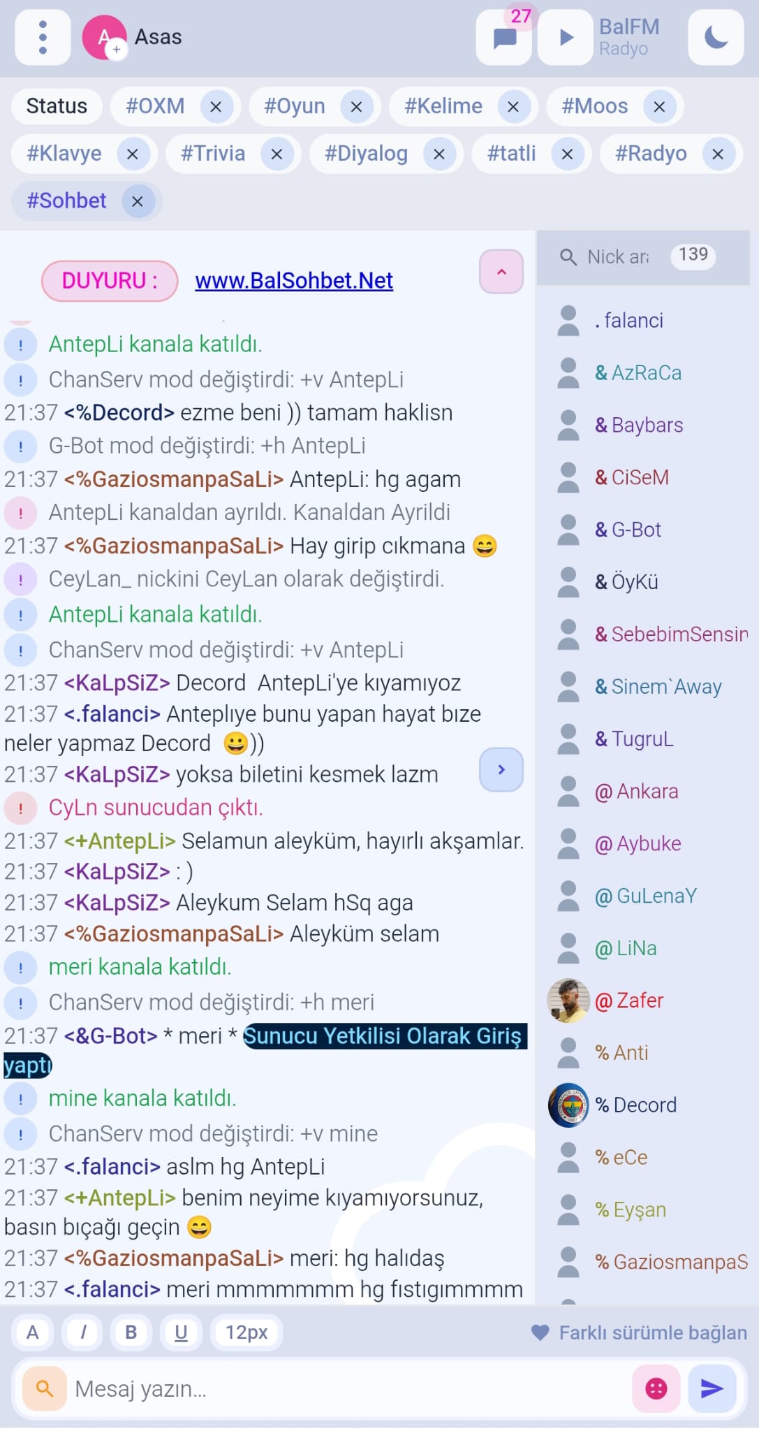 Canlı sohbet odasından sohbet ekranı
